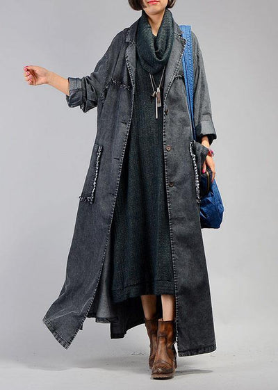 New plus size maxi coat fall denim black Notched Large pockets coat for woman - SooLinen