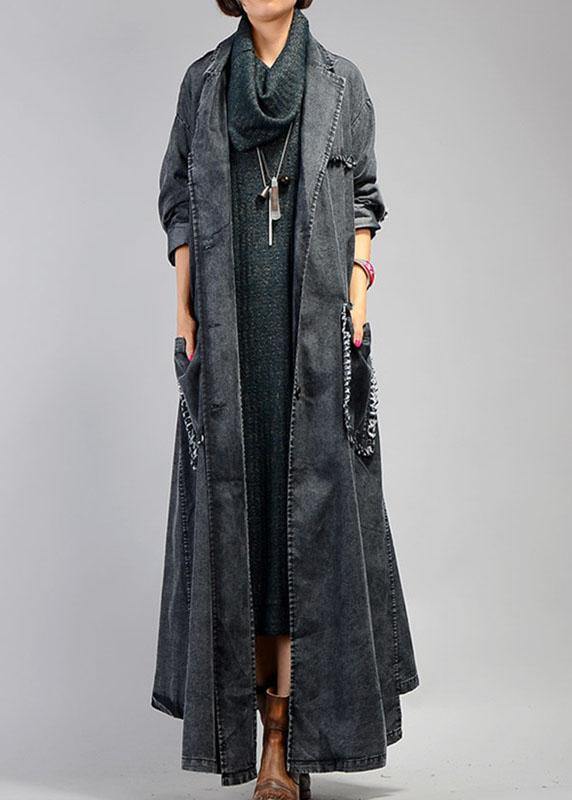 New plus size maxi coat fall denim black Notched Large pockets coat for woman - SooLinen