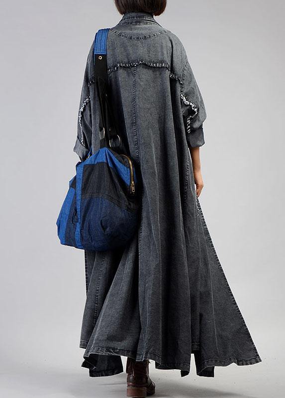 New plus size maxi coat fall denim black Notched Large pockets coat for woman - SooLinen