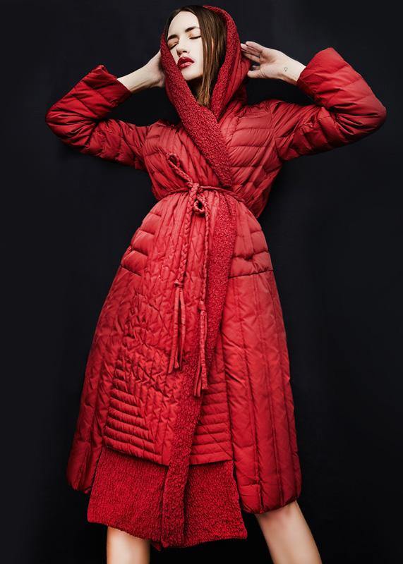 New plus size women parka tie waist Jackets red hooded asymmetric hem duck down coat - SooLinen