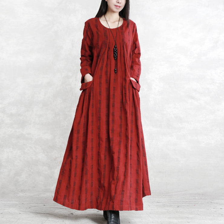 New red Plaid long linen dress plus size clothing o neck pockets traveling dress fine long sleeve Cinched autumn dress