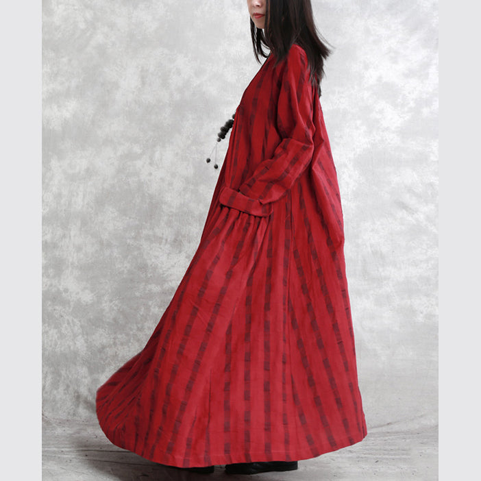 New red Plaid long linen dress plus size clothing o neck pockets traveling dress fine long sleeve Cinched autumn dress