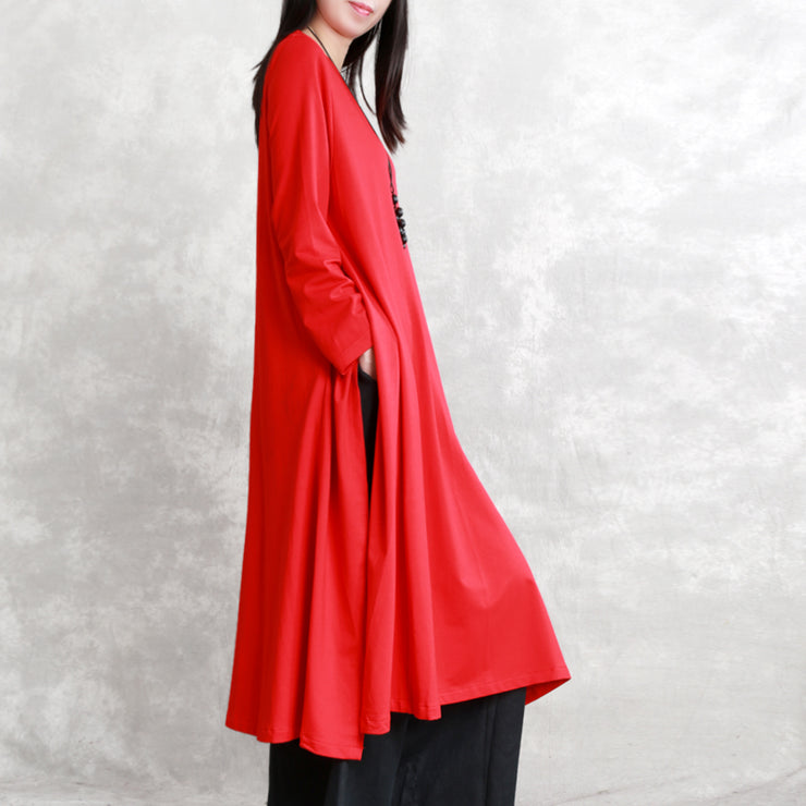 New red fall dress trendy plus size O neck asymmetrical design traveling clothing fine long sleeve side open maxi dresses