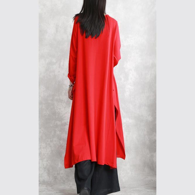 New red fall dress trendy plus size O neck asymmetrical design traveling clothing fine long sleeve side open maxi dresses