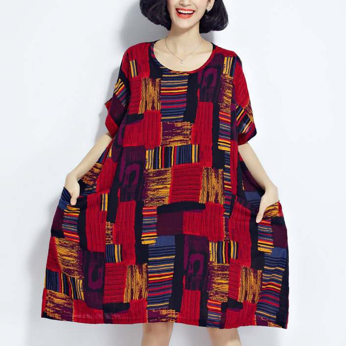 New red prints cotton dress trendy plus size cotton clothing dresses New o neck short sleeve midi dress