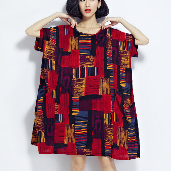 New red prints cotton dress trendy plus size cotton clothing dresses New o neck short sleeve midi dress