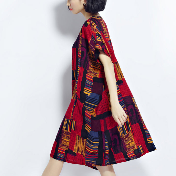 New red prints cotton dress trendy plus size cotton clothing dresses New o neck short sleeve midi dress