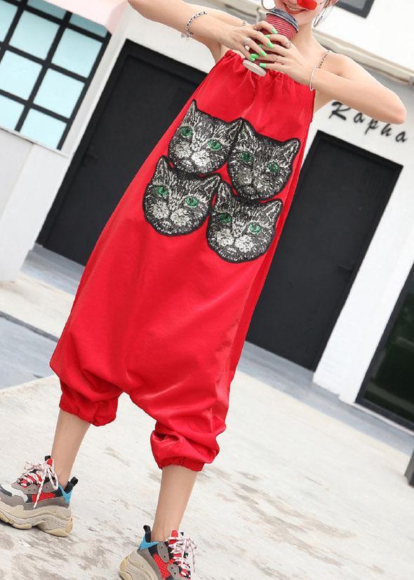 New red tide straps trousers embroidery cat head loose jumpsuit female summer strap pants - SooLinen