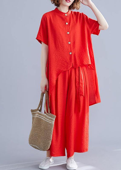 New retro silk hemp red irregular short-sleeved shirt + elastic waist strap wide-leg pants - SooLinen