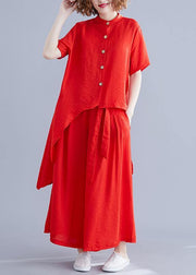 New retro silk hemp red irregular short-sleeved shirt + elastic waist strap wide-leg pants - SooLinen