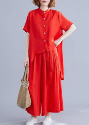 New retro silk hemp red irregular short-sleeved shirt + elastic waist strap wide-leg pants - SooLinen