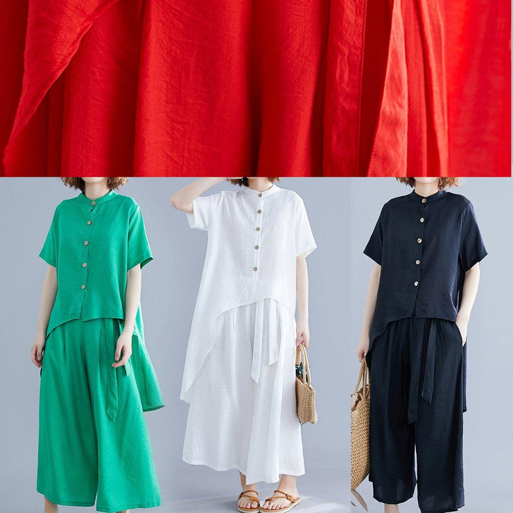 New retro silk hemp red irregular short-sleeved shirt + elastic waist strap wide-leg pants - SooLinen