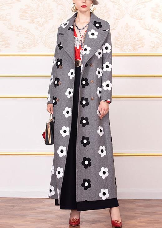 New trendy plus size long coats back open  jacket gray floral double breast Woolen Coats Women - SooLinen