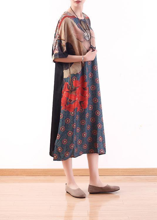 New versatile large size fashion irregular red printed silk loose and thin dress - SooLinen