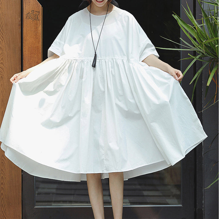 New white cotton maxi dress casual O neck baggy dresses Elegant short sleeve large hem dresses