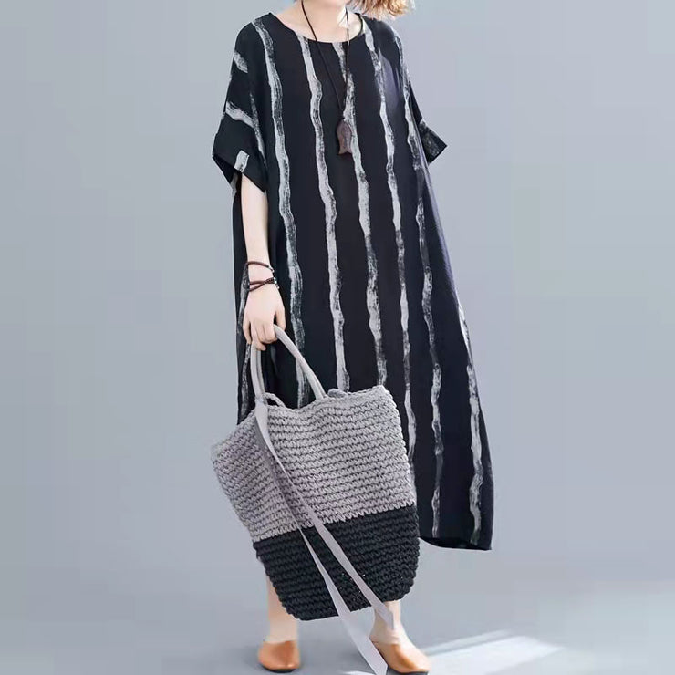 New black cotton knee dress Loose fitting casual dress women short sleeve baggy dresses print o neck cotton dresses