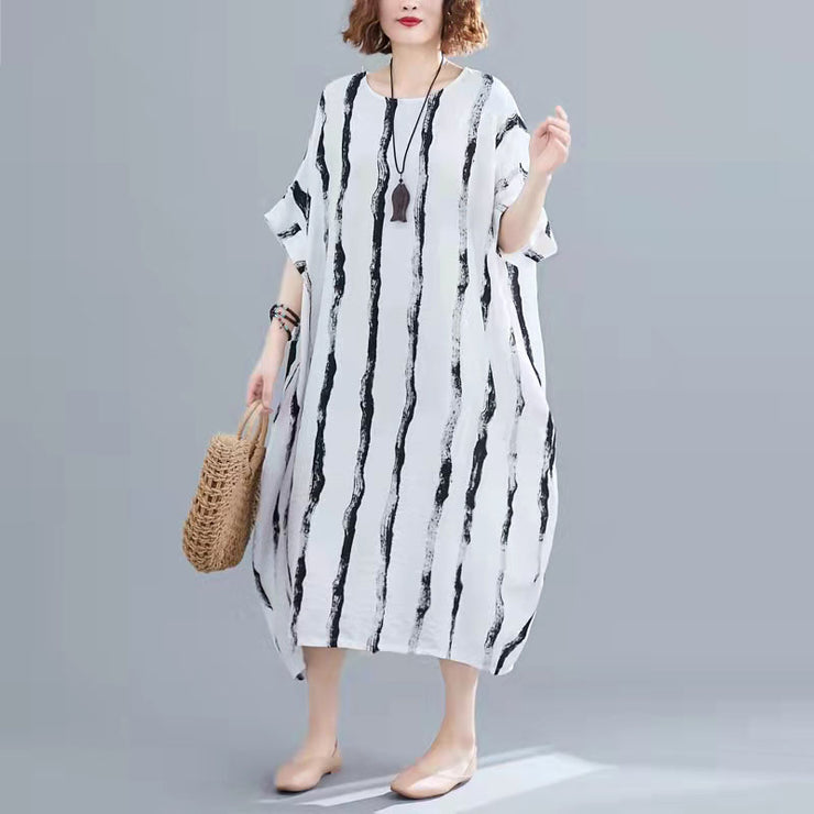 New black cotton knee dress Loose fitting casual dress women short sleeve baggy dresses print o neck cotton dresses