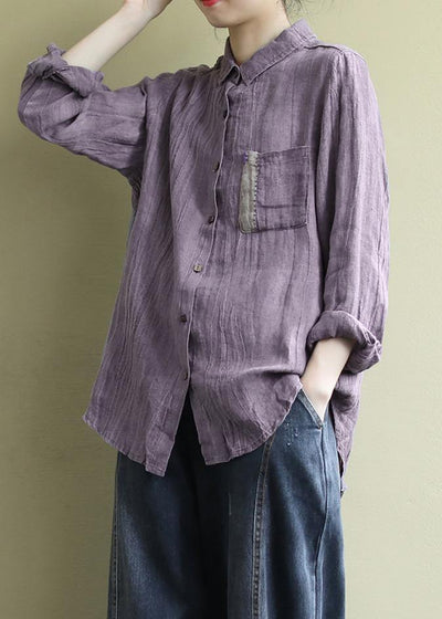 Art Lapel Wrinkled Shirts Inspiration Purple Blouses - SooLinen