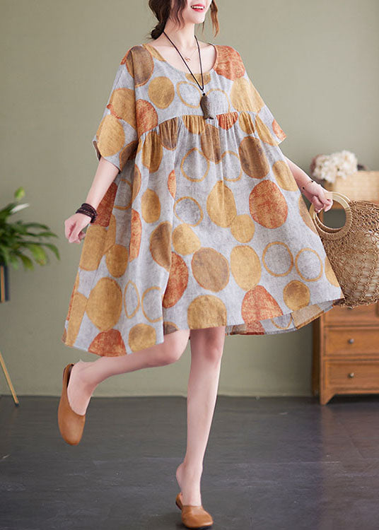 Orange Dot Print Cotton Vacation Dresses O-Neck Wrinkled Short Sleeve