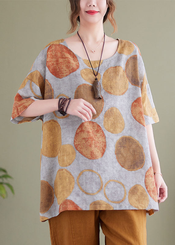 Orange Dot Print Linen Loose Tank Tops O-Neck Short Sleeve