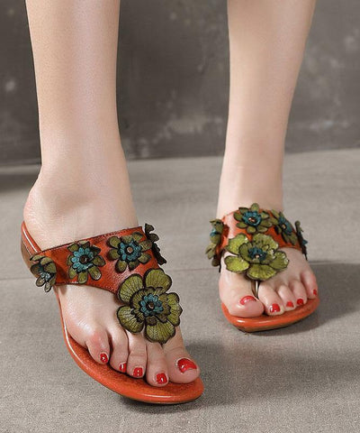 Orange Floral Cowhide Leather Thong Flip Flops - SooLinen