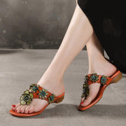 Orange Floral Cowhide Leather Thong Flip Flops - SooLinen