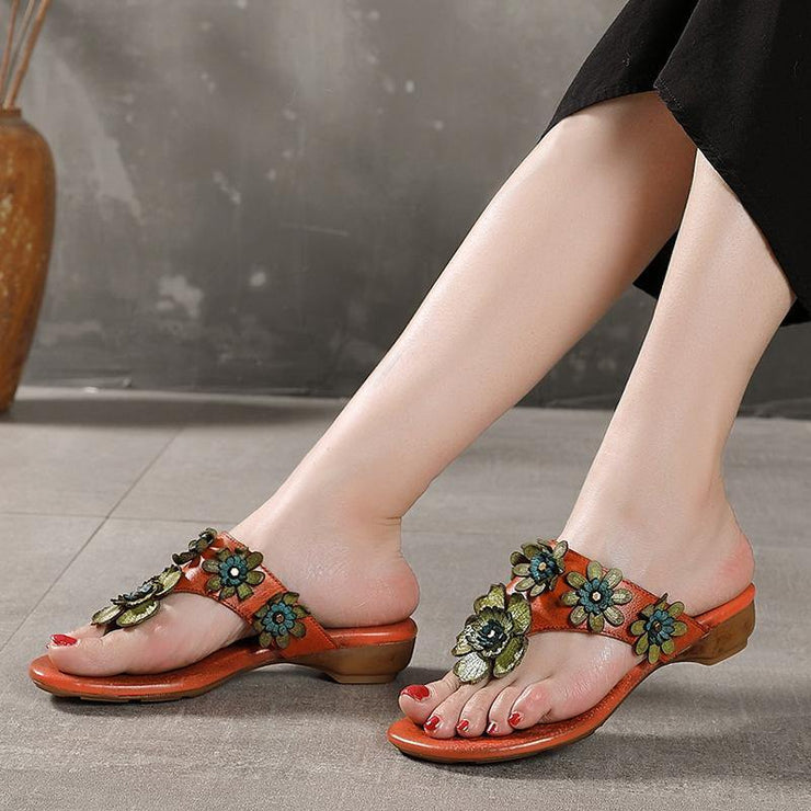 Orange Floral Cowhide Leather Thong Flip Flops - SooLinen