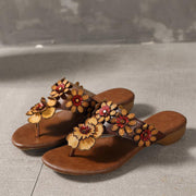 Orange Floral Cowhide Leather Thong Flip Flops - SooLinen