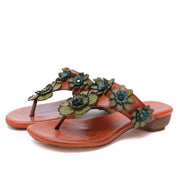 Orange Floral Cowhide Leather Thong Flip Flops - SooLinen