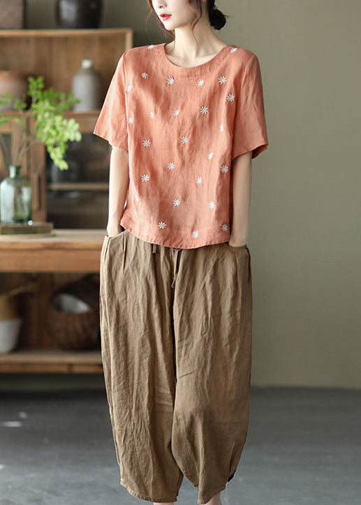 Orange Floral Embroideried Linen Blouses top Short Sleeve