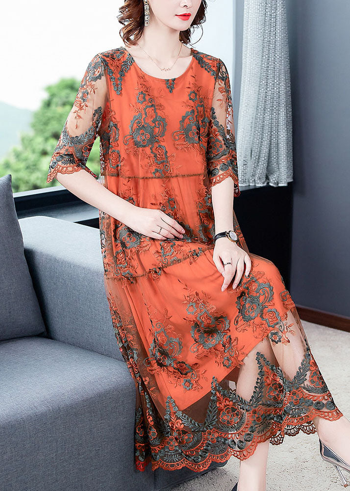 Orange Hollow Out Tulle Long Dress Embroideried Half Sleeve