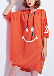 Orange Letter Print Cotton Sweatshirt Dresses Drawstring Hooded Short Sleeve