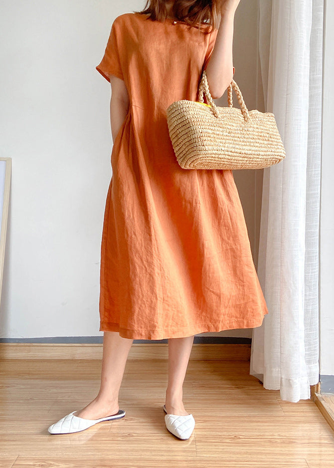 Orange Linen Blouse Top O-Neck Cinched Short Sleeve