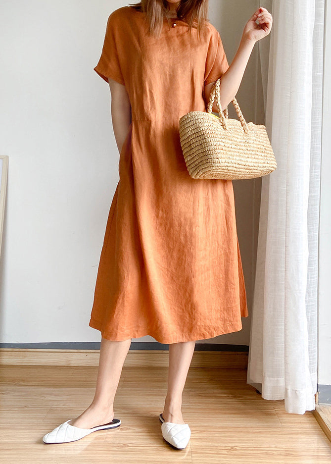 Orange Linen Blouse Top O-Neck Cinched Short Sleeve