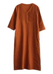 Orange Loose Linen Long Dresses Button Solid Half Sleeve