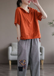 Orange Patchwork Cotton Sweatshirts Tracksuits Hooded Short Sleeve