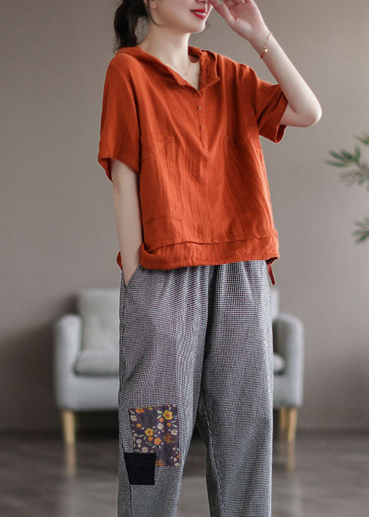 Orange Patchwork Cotton Sweatshirts Tracksuits Hooded Short Sleeve