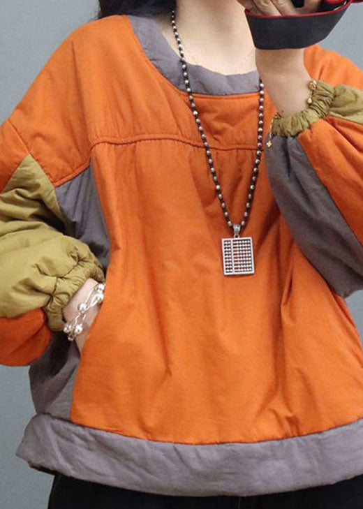 Orange Patchwork Fine Cotton Filled Pullover Street wear Winter