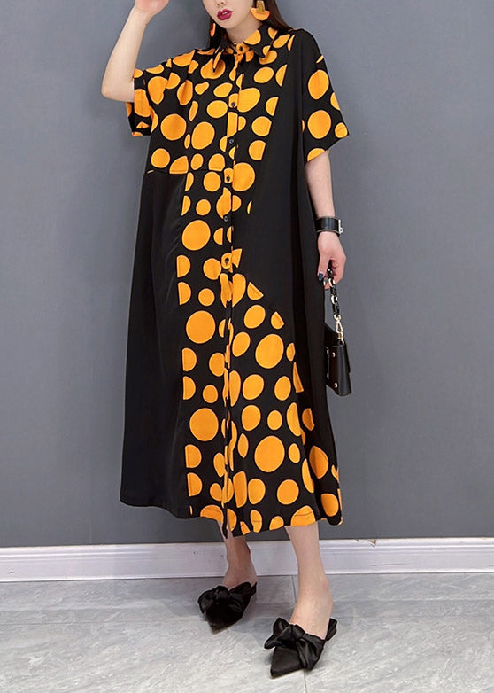 Orange Pockets Dot Patchwork Dress Half Sleeve