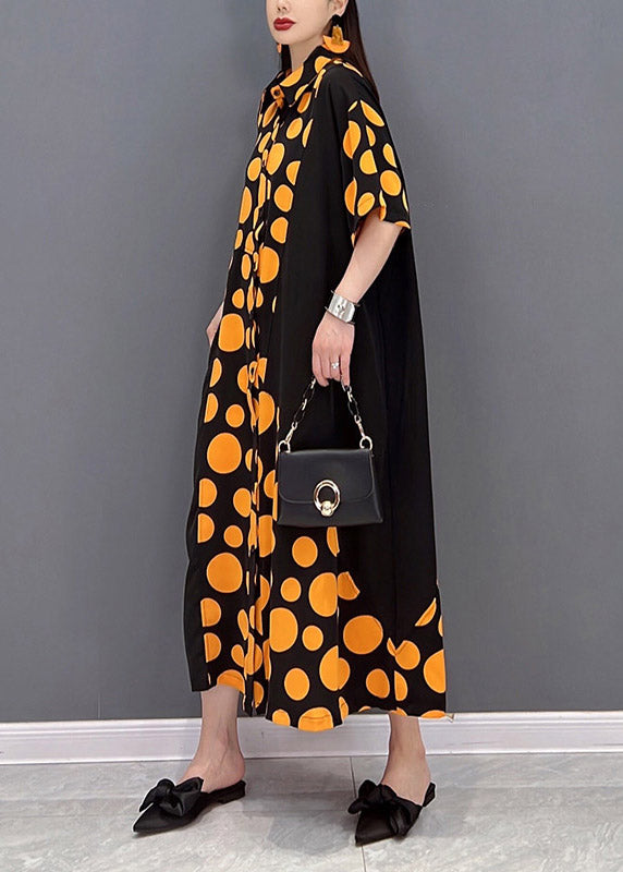 Orange Pockets Dot Patchwork Dress Half Sleeve