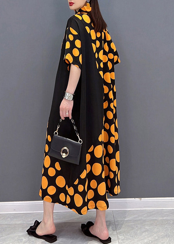 Orange Pockets Dot Patchwork Dress Half Sleeve