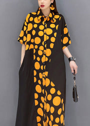 Orange Pockets Dot Patchwork Dress Half Sleeve