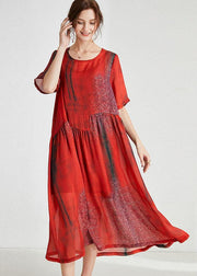 Orange Red Print Loose Half Sleeve Summer Dress - SooLinen