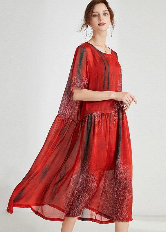 Orange Red Print Loose Half Sleeve Summer Dress - SooLinen