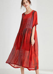 Orange Red Print Loose Half Sleeve Summer Dress - SooLinen