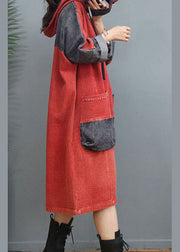 Orange Red drawstring Button Patchwork Dress Spring