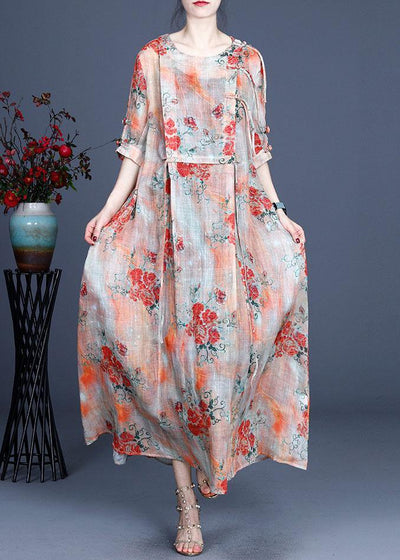 Orange Slim Fit Print Asymmetrical Summer Ramie Maxi Dress Half Sleeve - SooLinen