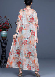 Orange Slim Fit Print Asymmetrical Summer Ramie Maxi Dress Half Sleeve - SooLinen