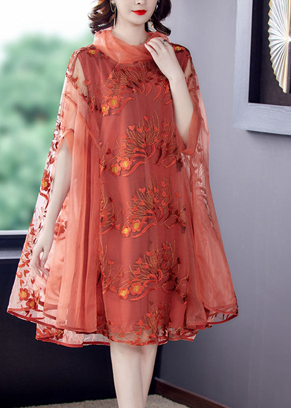 Orange Tulle Patchwork Dress Turtle Neck Spring