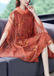 Orange Tulle Patchwork Dress Turtle Neck Spring